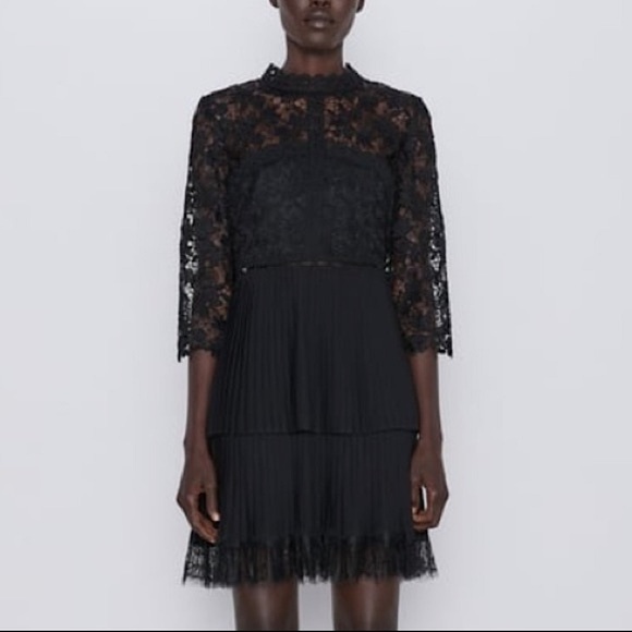 zara black lace pleated dress New ZARA Pleated Black Lace Dress | size XS